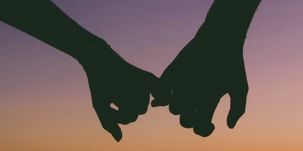 A silhouette of 2 people holding hands in dusk.