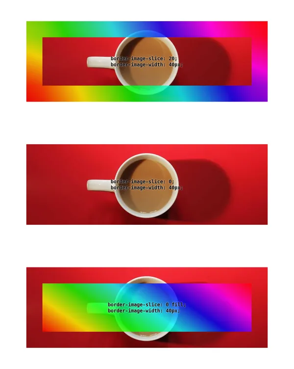 3 scenarios looking at the border-image-slice and border-image-width properties